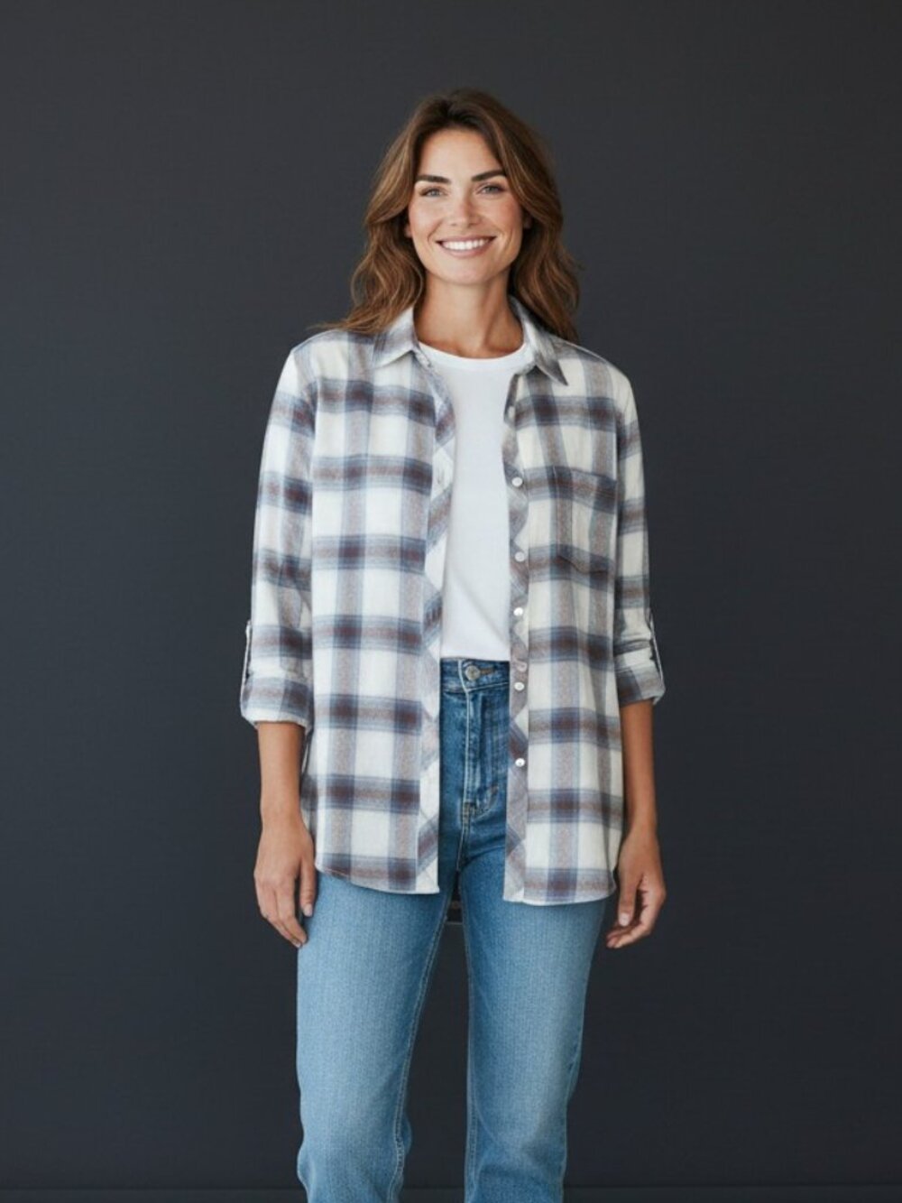 Weatherproof Women's Plaid Button-Down Shirt -- White, Blue & Brown
